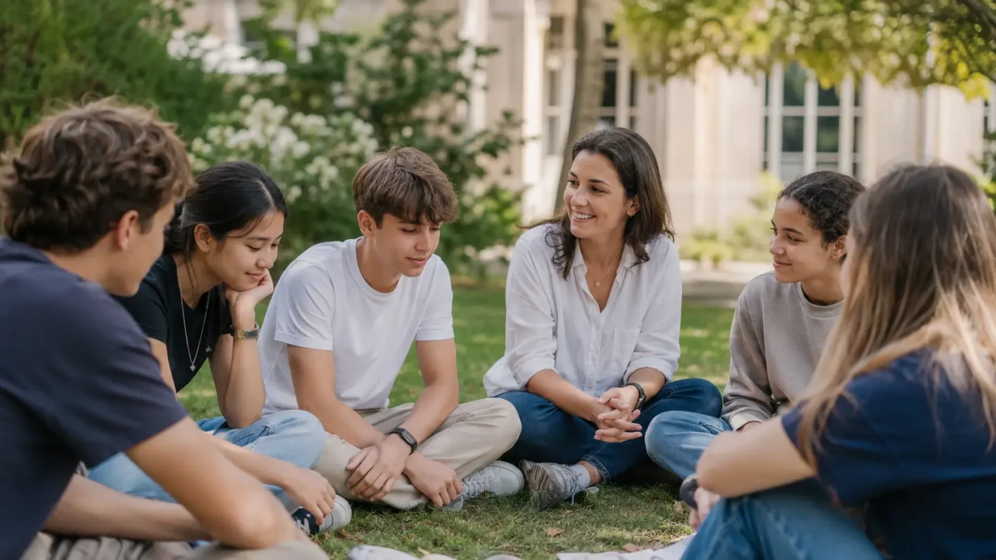 Camp leader supporting shy teenagers during a confidence building activity