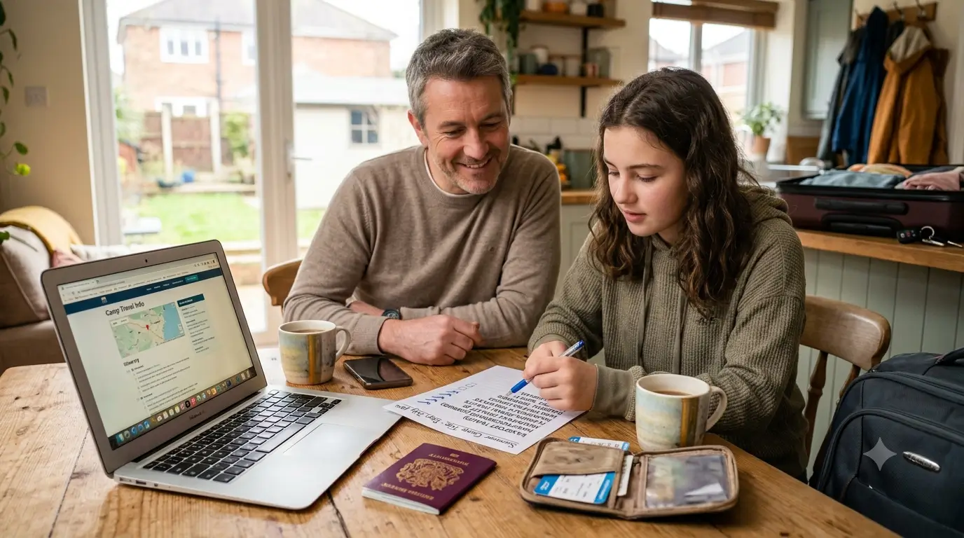 Parent preparing teen travel safety documents for international summer camp