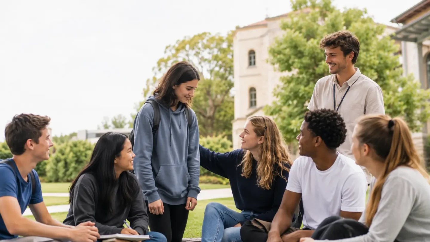 Shy teenager joining a supportive international summer camp group activity