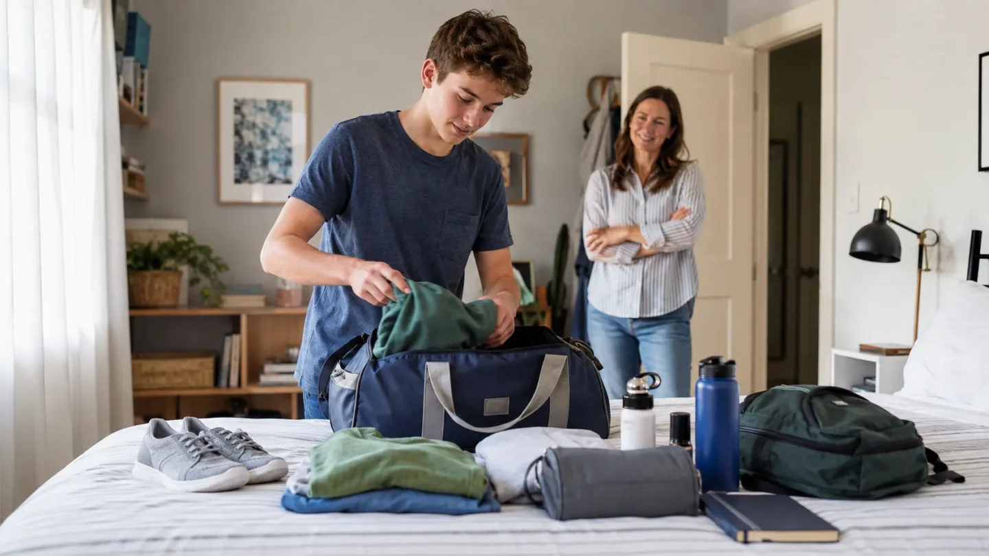 Teenager independently preparing clothes and personal belongings before a residential summer camp